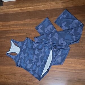 VOGO ATHLETICA BLUE ABSTRACT CAMO CIRCLES RACERBACK TANK TOP & FLARED LEGGINGS